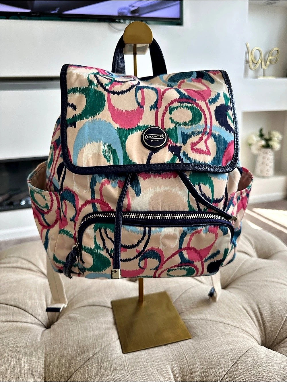 Coach Signature Daisy Kyra Flower Print Backpack in Cream & Pink